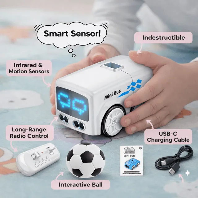 Magic Track Car Mini Bus with infrared and motion sensors, durable shell and LED face